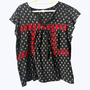 Old Navy Black Red embroidered flowy Blouse tie front plus XXL